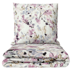 Bedding Set „Serene Leaves“. Purple bedding, 140x200 cm, 200x200 cm, 200x220 cm. Bedding set with greenish-gray leaf patterns on a white background.