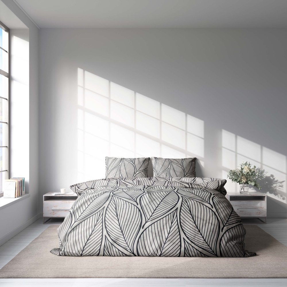 Bedding Set „Shadowleaf“. Bedding sets 135x200, 140x200 cm, 200x200 cm, 200x220 cm, 220x240 cm. Elegant grey bedding set featuring large black leaf designs, perfect for a stylish and contemporary bedroom look.