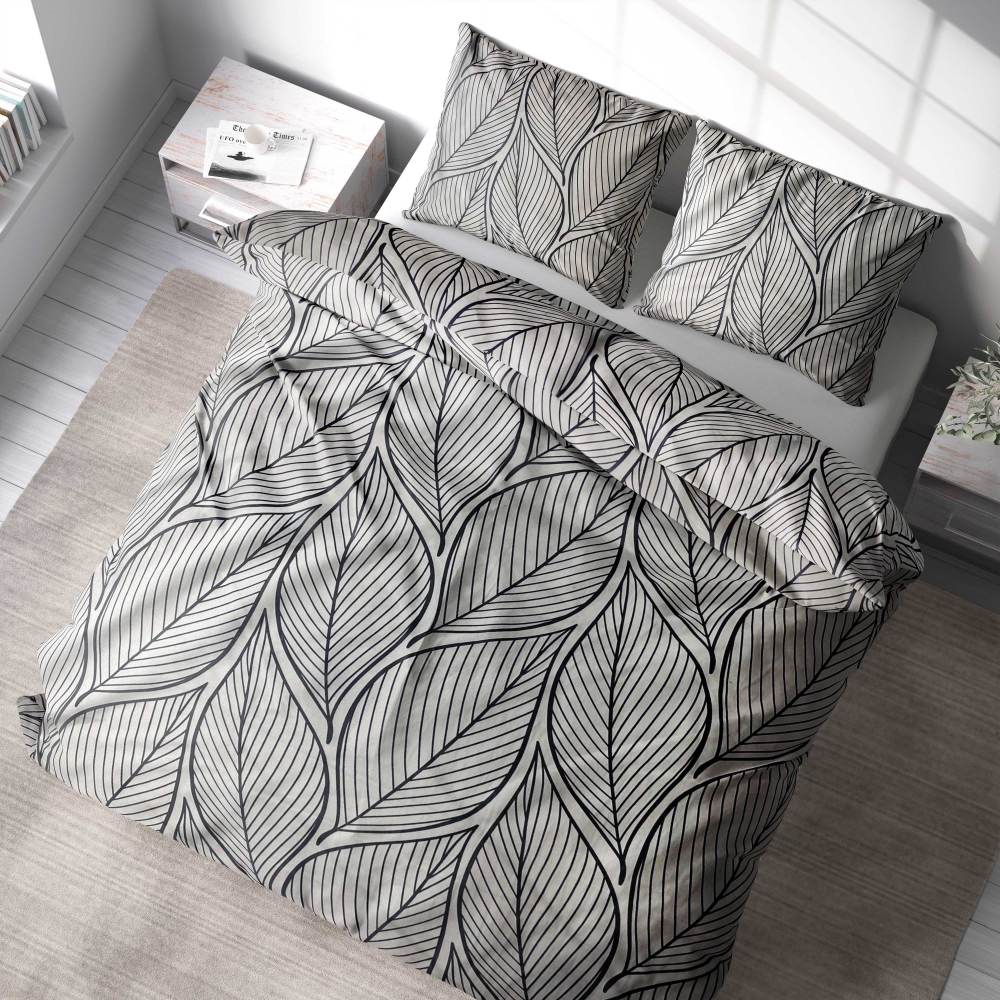 Bedding Set „Shadowleaf“. Bedding sets 135x200, 140x200 cm, 200x200 cm, 200x220 cm, 220x240 cm. Modern grey bedding set with prominent black leaves, offering a unique and trendy accent to your bedroom decor.