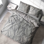 Bedding Set „Shadowleaf“. Bedding sets 135x200, 140x200 cm, 200x200 cm, 200x220 cm, 220x240 cm. Modern grey bedding set with prominent black leaves, offering a unique and trendy accent to your bedroom decor.