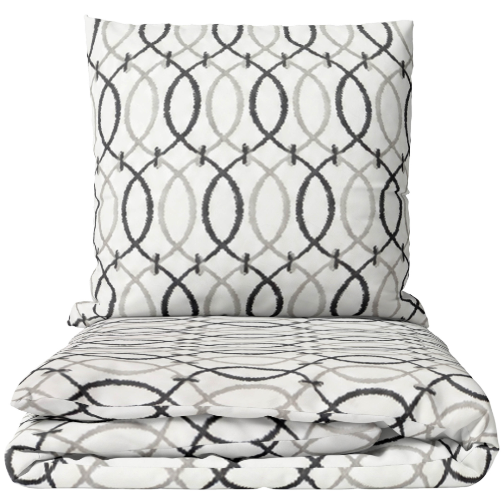 Bedding Set „Soft Chaos“. Gray bedding sets, 140x200 cm, 200x200 cm, 200x220 cm. White bedding set with a pattern of black and grey oval lines. Bedding Set „Soft Chaos“. Gray bedding sets, 140x200 cm, 200x200 cm, 200x220 cm. White bedding set with a pattern of black and grey oval lines.