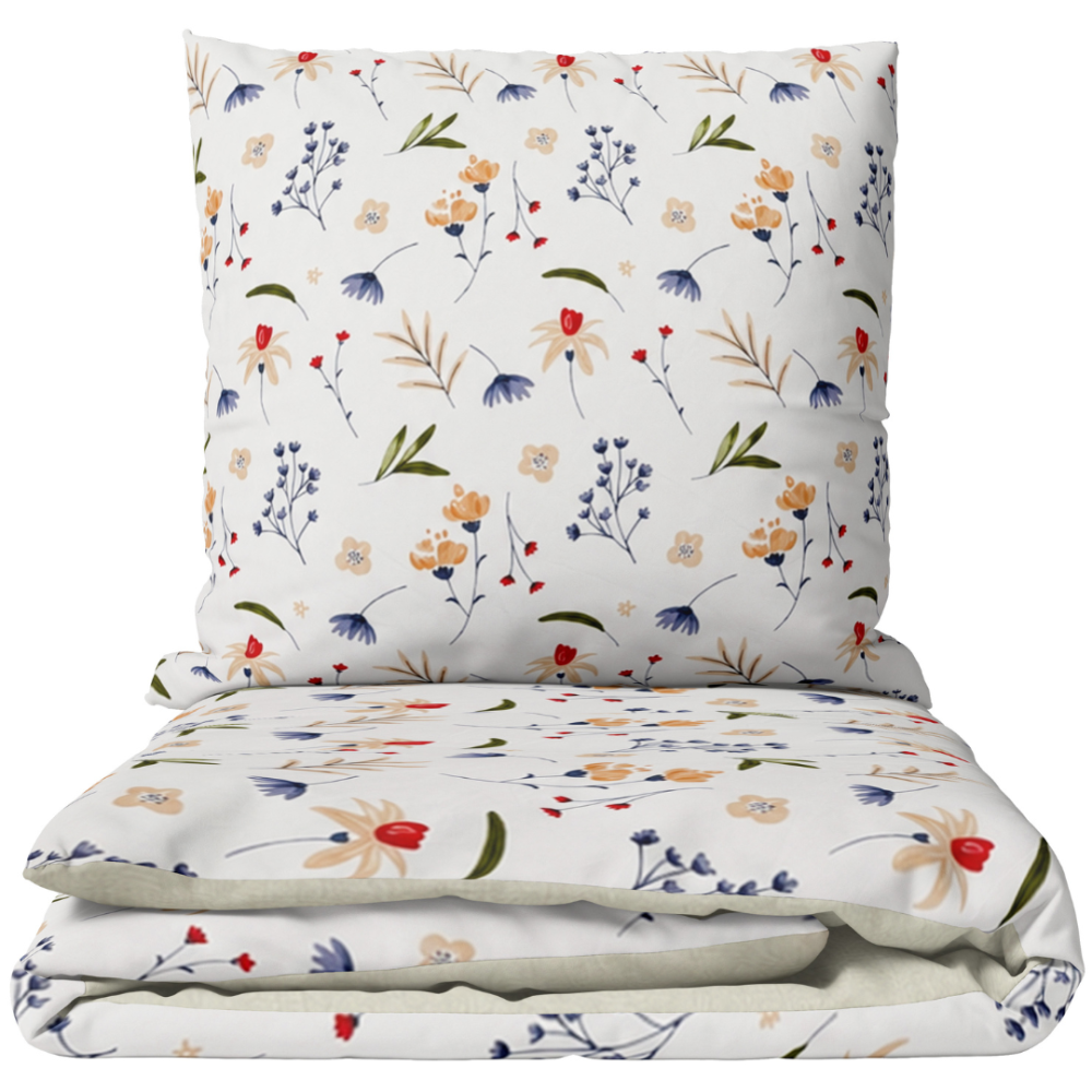 Bedding Set „Soft Fields“. Bedding sets 135x200, 140x200 cm, 200x200 cm, 200x220 cm. White bedding set with a colorful pattern of small flowers, green leaves, and blue and red accents. Bedding Set „Soft Fields“. Bedding sets 135x200, 140x200 cm, 200x200 cm, 200x220 cm. White bedding set with a colorful pattern of small flowers, green leaves, and blue and red accents.