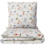 Bedding Set „Soft Fields“. Bedding sets 135x200, 140x200 cm, 200x200 cm, 200x220 cm. White bedding set with a colorful pattern of small flowers, green leaves, and blue and red accents. Bedding Set „Soft Fields“. Bedding sets 135x200, 140x200 cm, 200x200 cm, 200x220 cm. White bedding set with a colorful pattern of small flowers, green leaves, and blue and red accents.