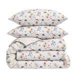 Bedding Set „Soft Fields“. Bedding sets 135x200, 140x200 cm, 200x200 cm, 200x220 cm. White bedding set with a colorful pattern of small flowers, green leaves, and blue and red accents.