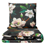 Bedding Set „Soft Magnolia“. Bedding sets 155x200, 140x200 cm, 150x200 cm, 160x200 cm, 180x200 cm, 200x200 cm, 200x220 cm, 220x240 cm. Bedding set with magnolias on a black background.