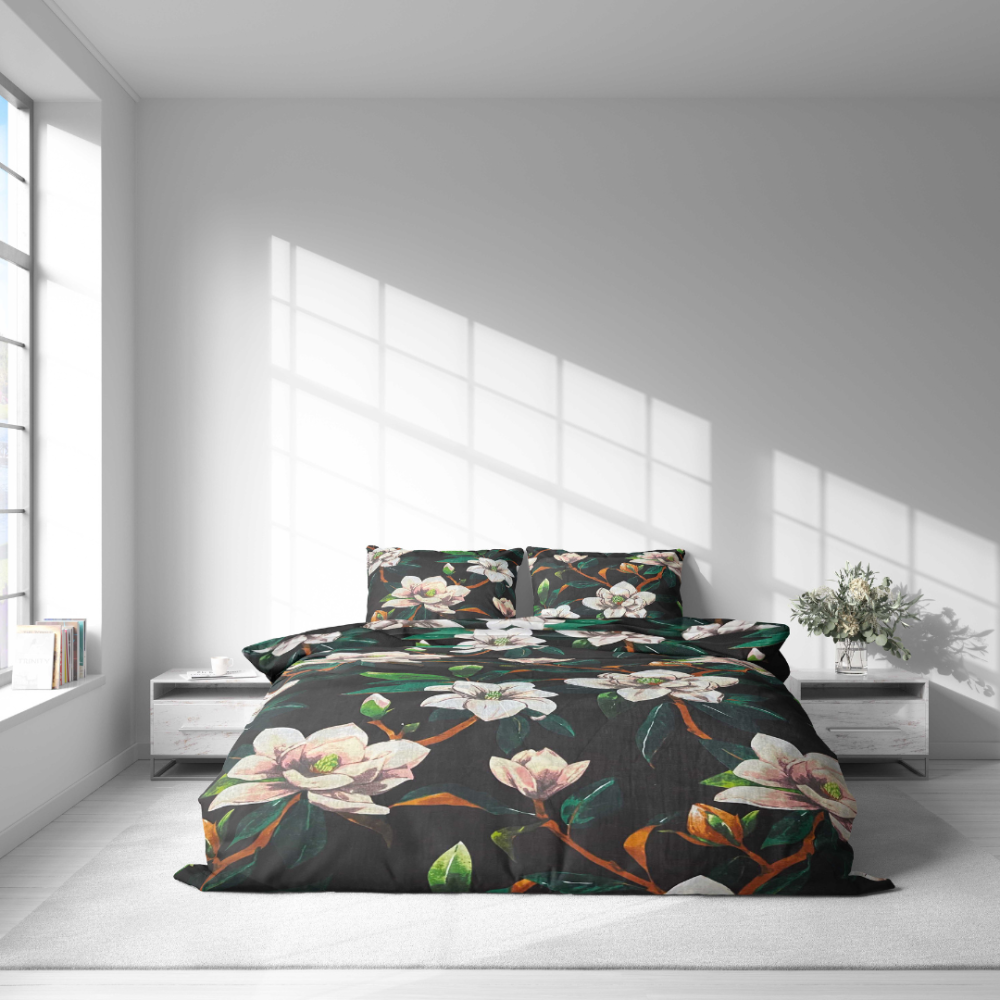 Bedding Set „Soft Magnolia“. Bedding sets 155x200, 140x200 cm, 150x200 cm, 160x200 cm, 180x200 cm, 200x200 cm, 200x220 cm, 220x240 cm. Contemporary and stylish bedding set with white magnolia blossoms.