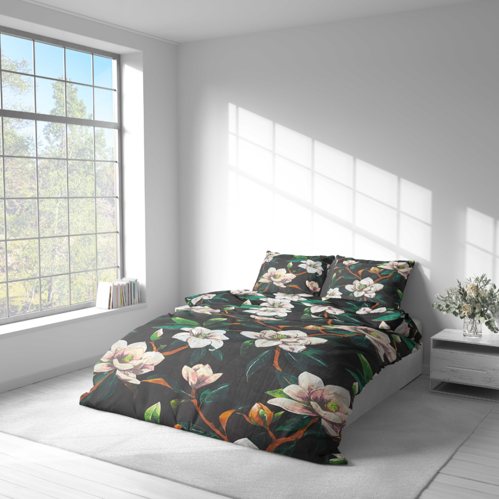 Bedding Set „Soft Magnolia“. Bedding sets 155x200, 140x200 cm, 150x200 cm, 160x200 cm, 180x200 cm, 200x200 cm, 200x220 cm, 220x240 cm. Elegant bedding set with vibrant green magnolias.