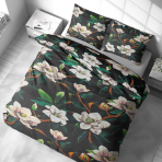 Bedding Set „Soft Magnolia“. Bedding sets 155x200, 140x200 cm, 150x200 cm, 160x200 cm, 180x200 cm, 200x200 cm, 200x220 cm, 220x240 cm. Bedding set with colorful blossoms and a dark background, adding a touch of elegance.