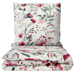 Bedding Set „Sparkling Flowers“. Patterned bedding sets, 140x200 cm, 200x200 cm, 200x220 cm. Light cotton with illustrations – yellow bullfinches, blue flowers, and small green leaves in a white composition.