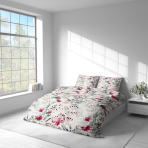 Bedding Set „Sparkling Flowers“. Patterned bedding sets, 140x200 cm, 200x200 cm, 200x220 cm. Duvet and pillow covers decorated with watercolor-style pink blossoms and green leaves.