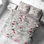Bedding Set „Sparkling Flowers“. Patterned bedding sets, 140x200 cm, 200x200 cm, 200x220 cm. Designer watercolor pattern with pink blossoms and green leaf illustrations on a white background.