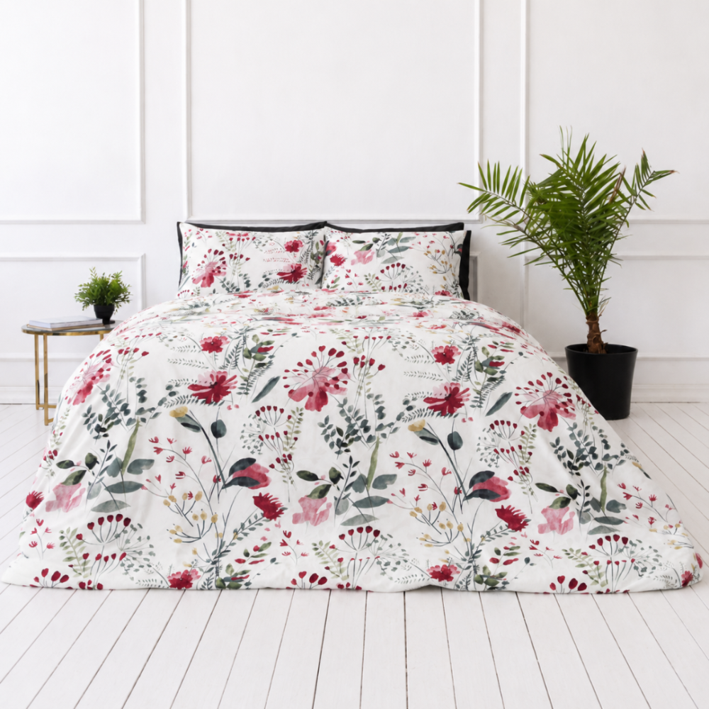 Bedding Set „Sparkling Flowers“. Patterned bedding sets, 140x200 cm, 200x200 cm, 200x220 cm. Designer watercolor pattern with pink blossoms and green leaf illustrations on a white background. Bedding Set „Sparkling Flowers“. Patterned bedding sets, 140x200 cm, 200x200 cm, 200x220 cm. Designer watercolor pattern with pink blossoms and green leaf illustrations on a white background.