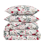 Bedding Set „Sparkling Flowers“. Patterned bedding sets, 140x200 cm, 200x200 cm, 200x220 cm. Light cotton with illustrations – yellow bullfinches, blue flowers, and small green leaves in a white composition.
