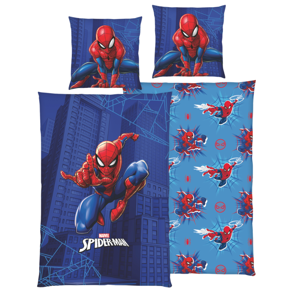Bedding Set „Spiderman“. Kids bedding, 135x200 cm. Blue spider-man bedding design with red-and-blue spider-man against a dark city backdrop Bedding Set „Spiderman“. Kids bedding, 135x200 cm. Blue spider-man bedding design with red-and-blue spider-man against a dark city backdrop