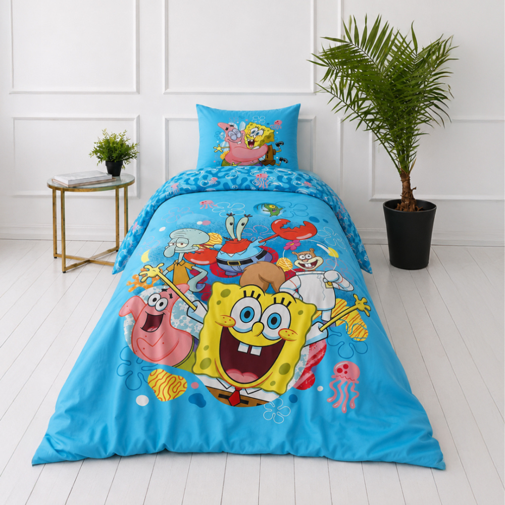 Bedding Set „SpongeBob SquarePants“. Kids bedding, 135x200 cm. Light blue bedding set featuring spongebob, patrick, sandy, mr. krabs and squidward.