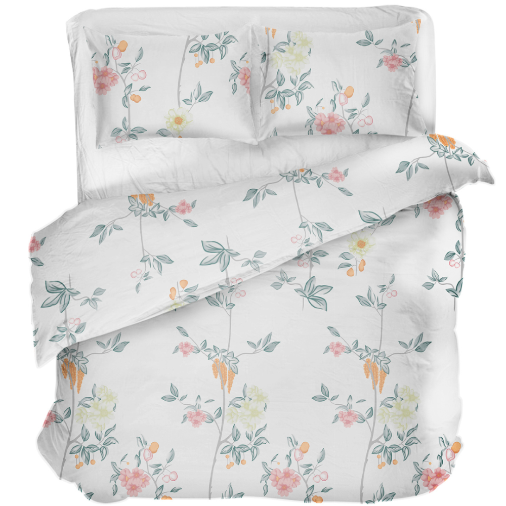 Bedding Set „Spring Melody“. Green bedding set, 140x200 cm, 200x200 cm, 200x220 cm. White bedding with a delicate pattern of blooming roses, jasmine, and greenery.