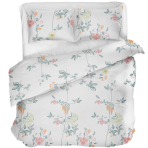 Bedding Set „Spring Melody“. Green bedding set, 140x200 cm, 200x200 cm, 200x220 cm. White bedding with a delicate pattern of blooming roses, jasmine, and greenery.