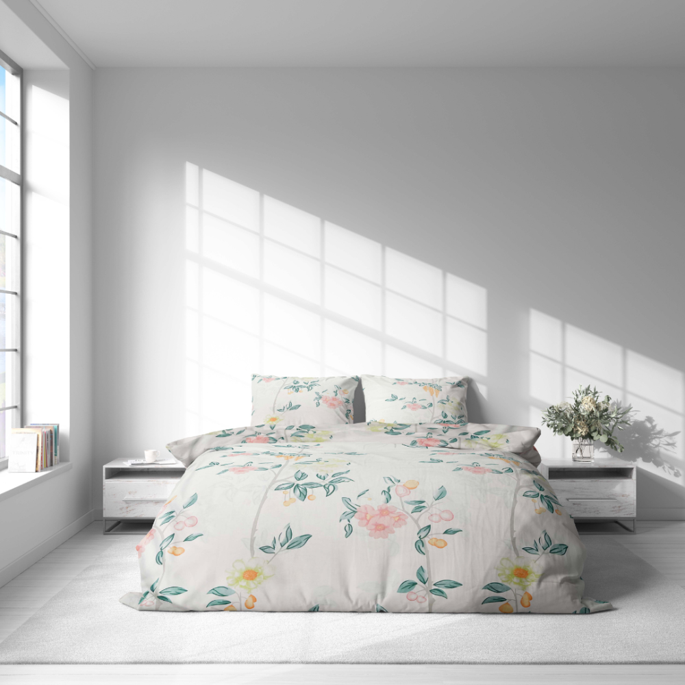 Bedding Set „Spring Melody“. Green bedding set, 140x200 cm, 200x200 cm, 200x220 cm. This bedding set with a soft floral design and pastel color accents will create a sense of calm and coziness in your bedroom.