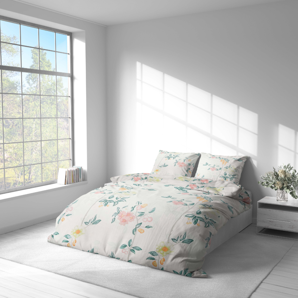 Bedding Set „Spring Melody“. Green bedding set, 140x200 cm, 200x200 cm, 200x220 cm. Bedding with an elegant floral pattern – soft and fresh, perfect for refreshing your bedroom interior.