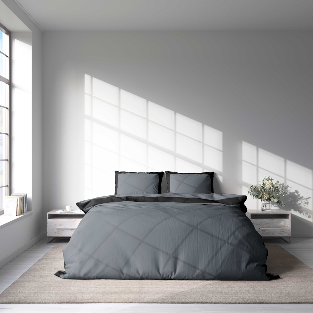 Bedding Set „Squared Dark“. Patterned bedding sets, 200x220 cm. Sleek dark grey bedding set adorned with a bold black border, creating a captivating contrast.