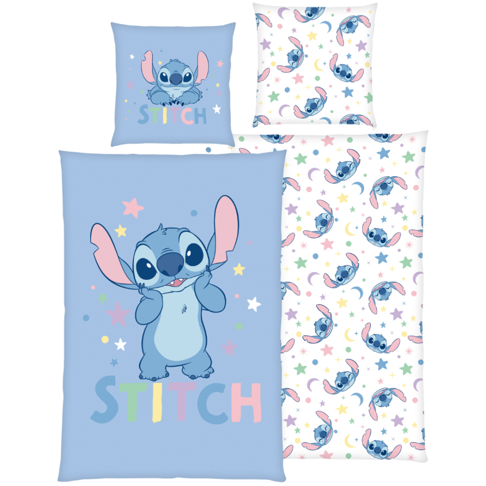 Bedding Set „Stitch Blue“. Kids bedding, 135x200 cm. Light blue bedding set with stitch and pastel-coloured star motifs. Bedding Set „Stitch Blue“. Kids bedding, 135x200 cm. Light blue bedding set with stitch and pastel-coloured star motifs.