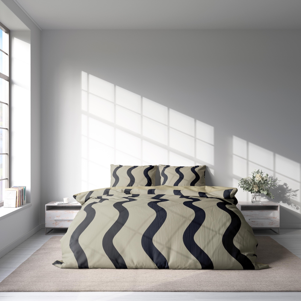 Bedding Set „String“. Bedding sets with plants, 140x200 cm, 150x200 cm, 160x200 cm, 180x200 cm, 200x200 cm, 200x220 cm. Chic light yellow beige bedding set featuring bold black curved lines, infusing your space with contemporary elegance. 