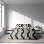 Bedding Set „String“. Bedding sets with plants, 140x200 cm, 150x200 cm, 160x200 cm, 180x200 cm, 200x200 cm, 200x220 cm. Chic light yellow beige bedding set featuring bold black curved lines, infusing your space with contemporary elegance. 