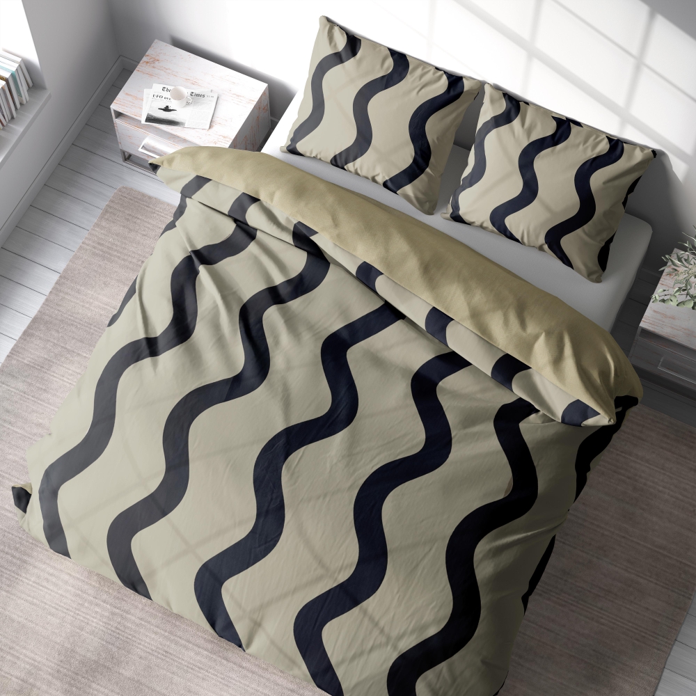 Bedding Set „String“. Bedding sets with plants, 140x200 cm, 150x200 cm, 160x200 cm, 180x200 cm, 200x200 cm, 200x220 cm. Create a stylish retreat with this light yellow beige bedding set, highlighted by sleek black curved lines, for a contemporary touch.
