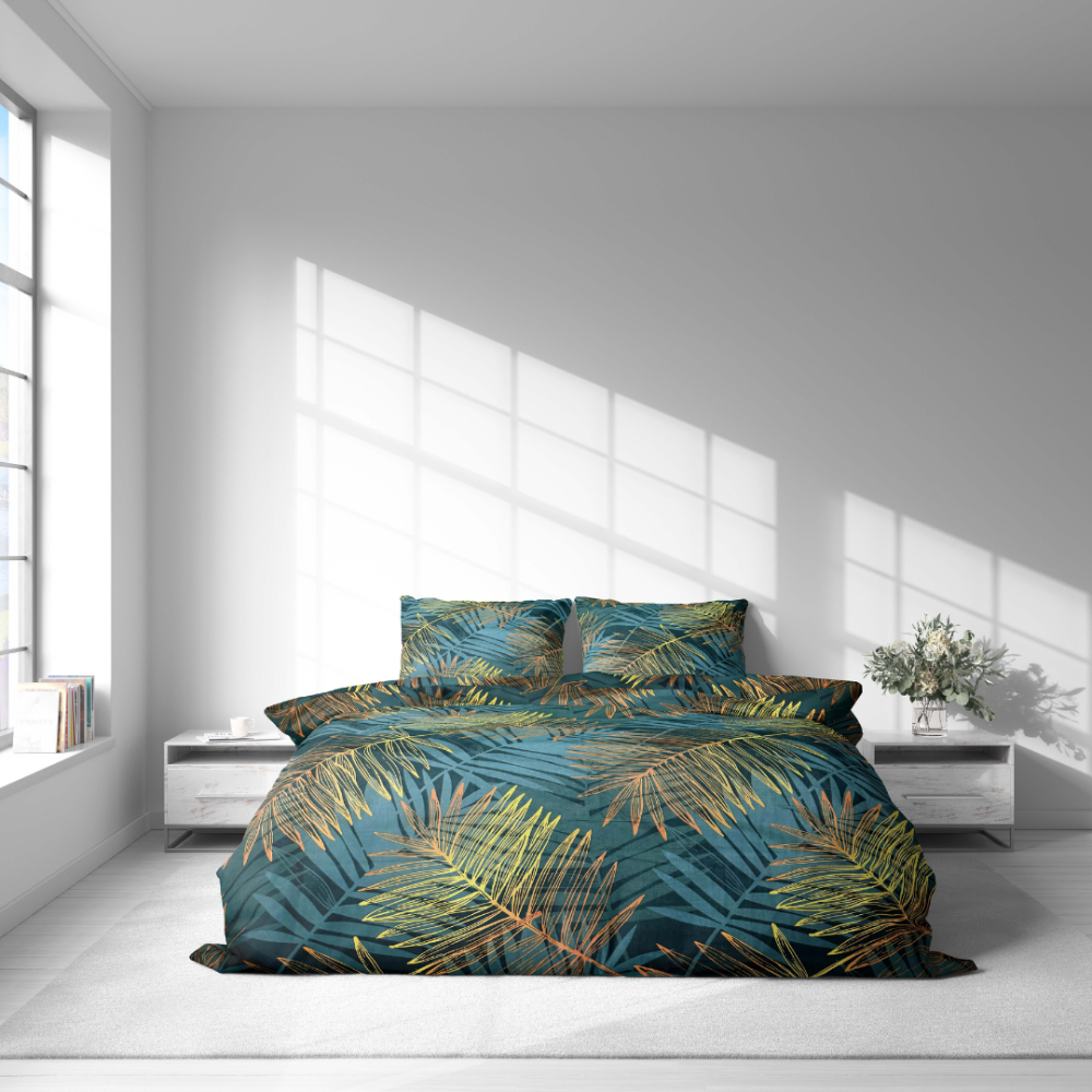 Bedding Set „Sunset Spirit“. Bedding sets 155x200, 140x200 cm, 150x200 cm, 160x200 cm, 180x200 cm, 200x200 cm, 200x220 cm, 220x240 cm. Bedding set featuring tropical leaves on a dark background.