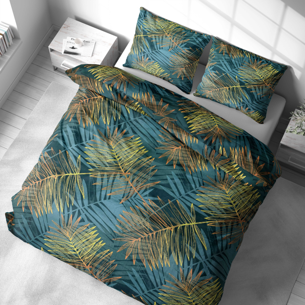 Bedding Set „Sunset Spirit“. Bedding sets 155x200, 140x200 cm, 150x200 cm, 160x200 cm, 180x200 cm, 200x200 cm, 200x220 cm, 220x240 cm. Exotic bedding pattern in shades of green and gold.