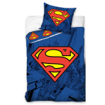 Bedding Set „Superman“. Kids bedding, 140x200 cm. Dark blue children's bedding with cityscape pattern and prominent superman symbol.