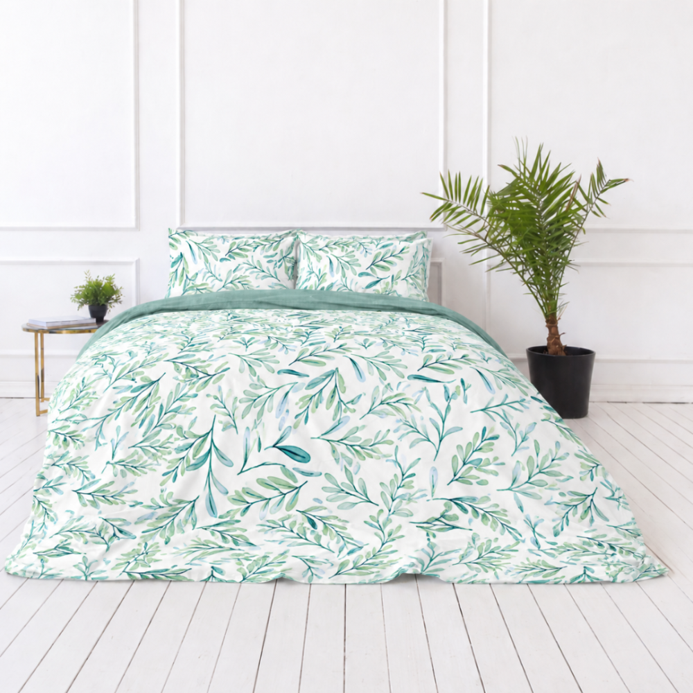 Bedding Set „Teal Grove“. Green bedding set, 140x200 cm, 200x200 cm, 200x220 cm. Botanical bedding with green, blue-green and olive leaf details Bedding Set „Teal Grove“. Green bedding set, 140x200 cm, 200x200 cm, 200x220 cm. Botanical bedding with green, blue-green and olive leaf details
