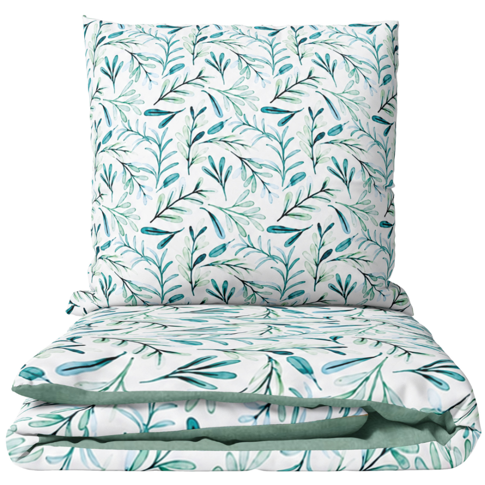 Bedding Set „Teal Grove“. Green bedding set, 140x200 cm, 200x200 cm, 200x220 cm. White bedding set with a watercolor pattern of green, teal and bluish leaves, finished with a soft greenish inner side. Bedding Set „Teal Grove“. Green bedding set, 140x200 cm, 200x200 cm, 200x220 cm. White bedding set with a watercolor pattern of green, teal and bluish leaves, finished with a soft greenish inner side.