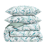 Bedding Set „Teal Grove“. Green bedding set, 140x200 cm, 200x200 cm, 200x220 cm. White bedding set with a watercolor pattern of green, teal and bluish leaves, finished with a soft greenish inner side.