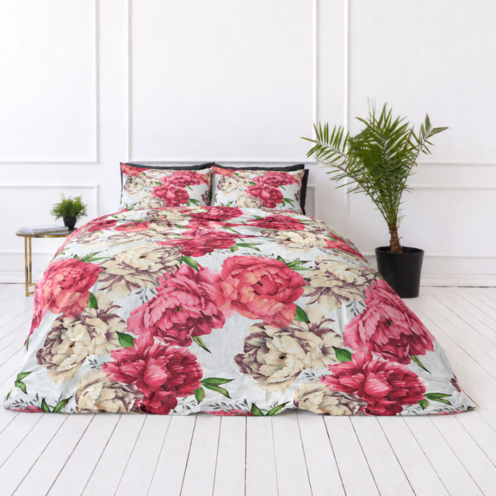 Bedding Set „Timeless Elegance“. Bedding sets 155x200, 140x200 cm, 150x200 cm, 160x200 cm, 180x200 cm, 200x200 cm, 200x220 cm, 220x240 cm. Elegant bedding set with lush peony blossom motif