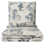 Bedding Set „Toile De Jouy Classic“. Gray bedding sets, 140x200 cm, 200x200 cm, 200x220 cm. Bedding set with a classic blue landscape pattern on a gray background.