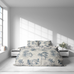 Bedding Set „Toile De Jouy Classic“. Gray bedding sets, 140x200 cm, 200x200 cm, 200x220 cm. The set is adorned with a classic “toile” pattern – groups of dark blue illustrations on a light background, highlighting architectural and natural elements.