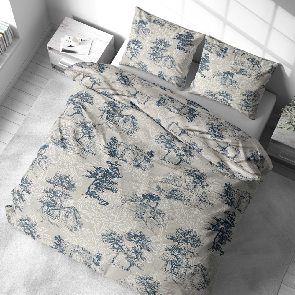 Bedding Set „Toile De Jouy Classic“. Gray bedding sets, 140x200 cm, 200x200 cm, 200x220 cm. The design is complemented by white botanical lines intertwining tree silhouettes and decorative elements, adding a sense of lightness to the pattern.