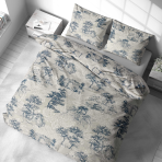 Bedding Set „Toile De Jouy Classic“. Gray bedding sets, 140x200 cm, 200x200 cm, 200x220 cm. The design is complemented by white botanical lines intertwining tree silhouettes and decorative elements, adding a sense of lightness to the pattern.