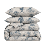 Bedding Set „Toile De Jouy Classic“. Gray bedding sets, 140x200 cm, 200x200 cm, 200x220 cm. Bedding set with a classic blue landscape pattern on a gray background.