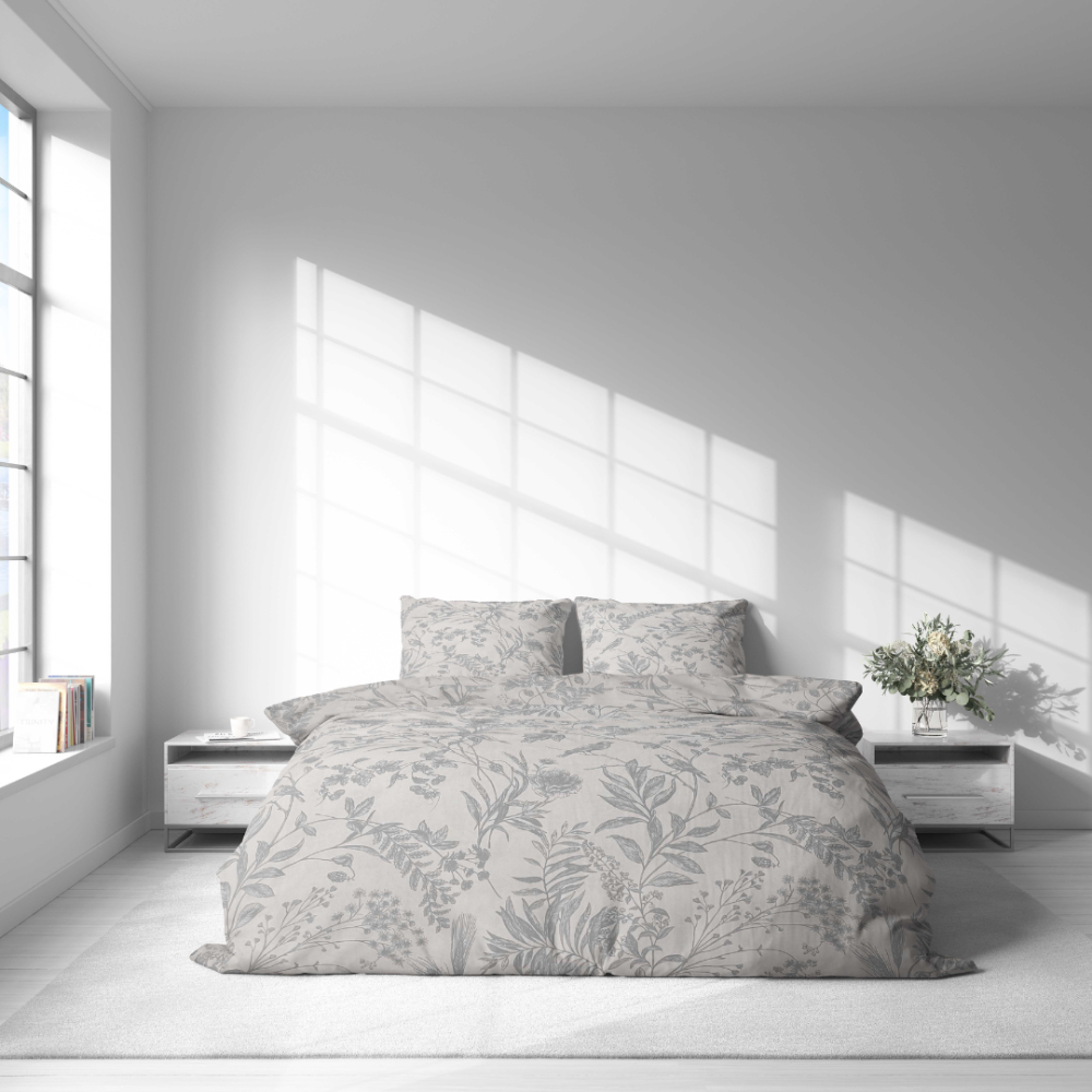 Bedding Set „Trel“. Gray bedding sets, 140x200 cm, 200x200 cm, 200x220 cm. Soft grey bedding set adorned with intricate grey forest flowers, adding a touch of nature to your space.