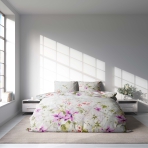 Bedding Set „Tropic Dreams“. Bedding sets 135x200, 140x200 cm, 200x220 cm. White bedding set adorned with beautiful pink and green exotic floral pattern.