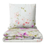 Bedding Set „Tropic Dreams“. Bedding sets 135x200, 140x200 cm, 200x220 cm. Elegant white bedding set with vibrant pink and green exotic flowers.