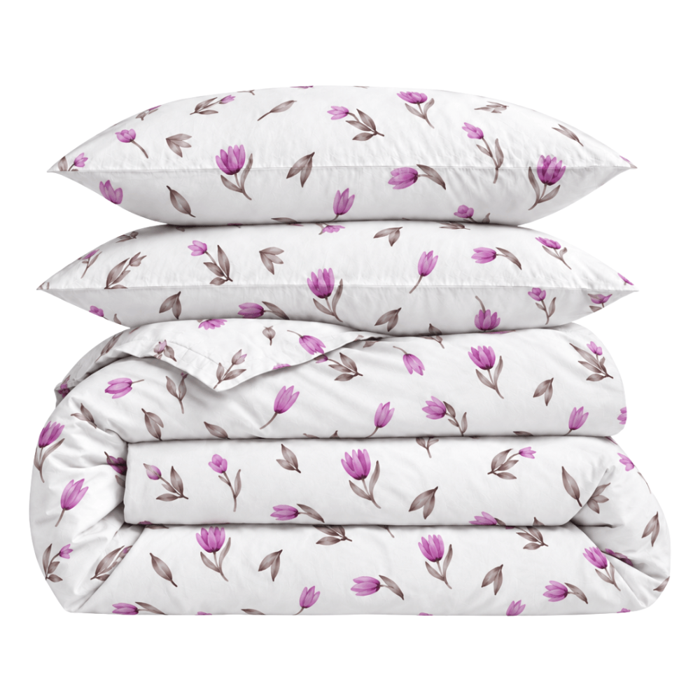 Bedding Set „Tulips“. Bedding sets 155x200, 140x200 cm, 150x200 cm, 160x200 cm, 180x200 cm, 200x200 cm, 200x220 cm, 220x240 cm. White bedding set with a pattern of lilac tulips and grey-brown leaves. Bedding Set „Tulips“. Bedding sets 155x200, 140x200 cm, 150x200 cm, 160x200 cm, 180x200 cm, 200x200 cm, 200x220 cm, 220x240 cm. White bedding set with a pattern of lilac tulips and grey-brown leaves.