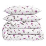 Bedding Set „Tulips“. Bedding sets 155x200, 140x200 cm, 150x200 cm, 160x200 cm, 180x200 cm, 200x200 cm, 200x220 cm, 220x240 cm. White bedding set with a pattern of lilac tulips and grey-brown leaves. Bedding Set „Tulips“. Bedding sets 155x200, 140x200 cm, 150x200 cm, 160x200 cm, 180x200 cm, 200x200 cm, 200x220 cm, 220x240 cm. White bedding set with a pattern of lilac tulips and grey-brown leaves.