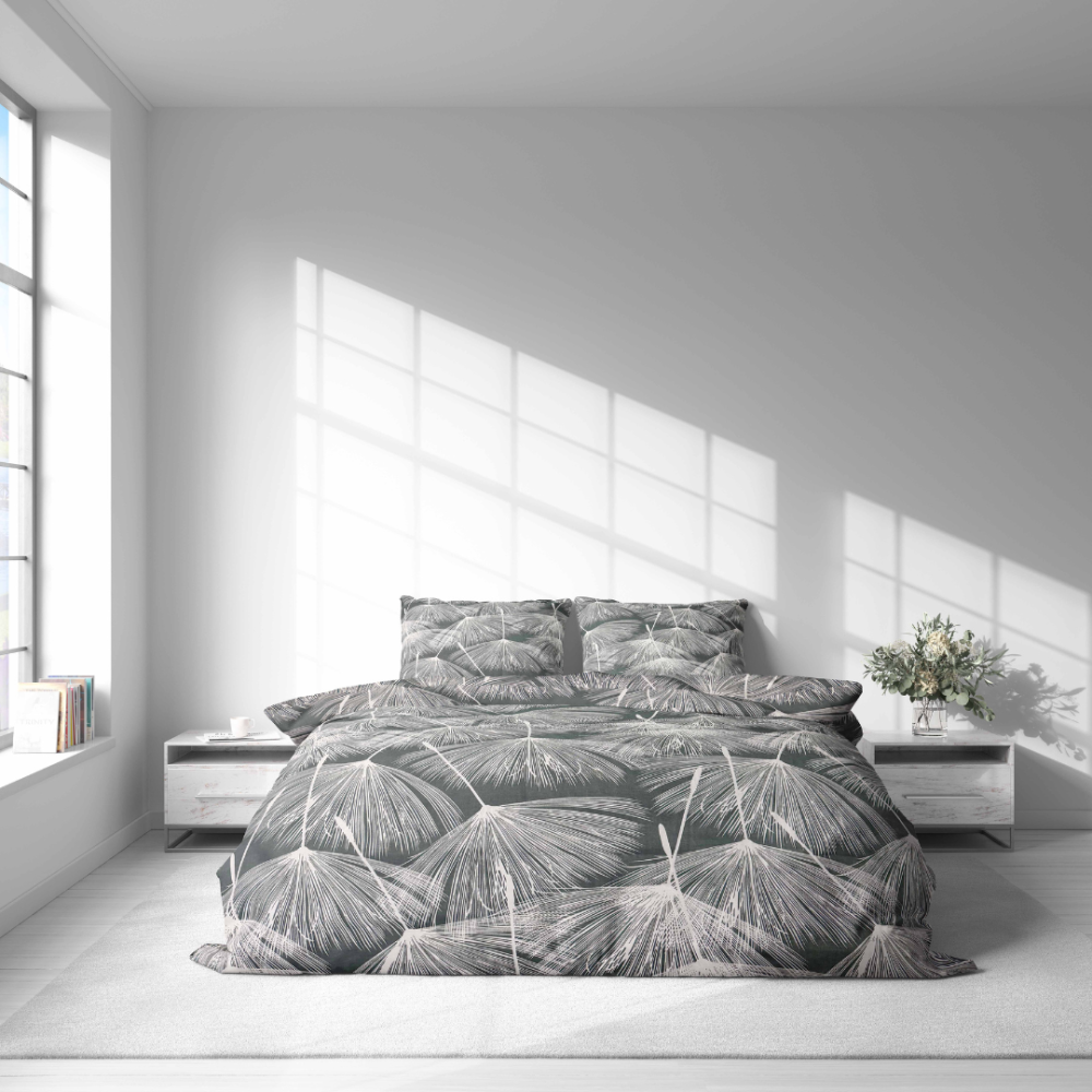 Bedding Set „Umbral Plumes“. Bedding sets 155x200, 140x200 cm, 150x200 cm, 160x200 cm, 180x200 cm, 200x200 cm, 200x220 cm, 220x240 cm. Dark bedding set with fine light linear detailing