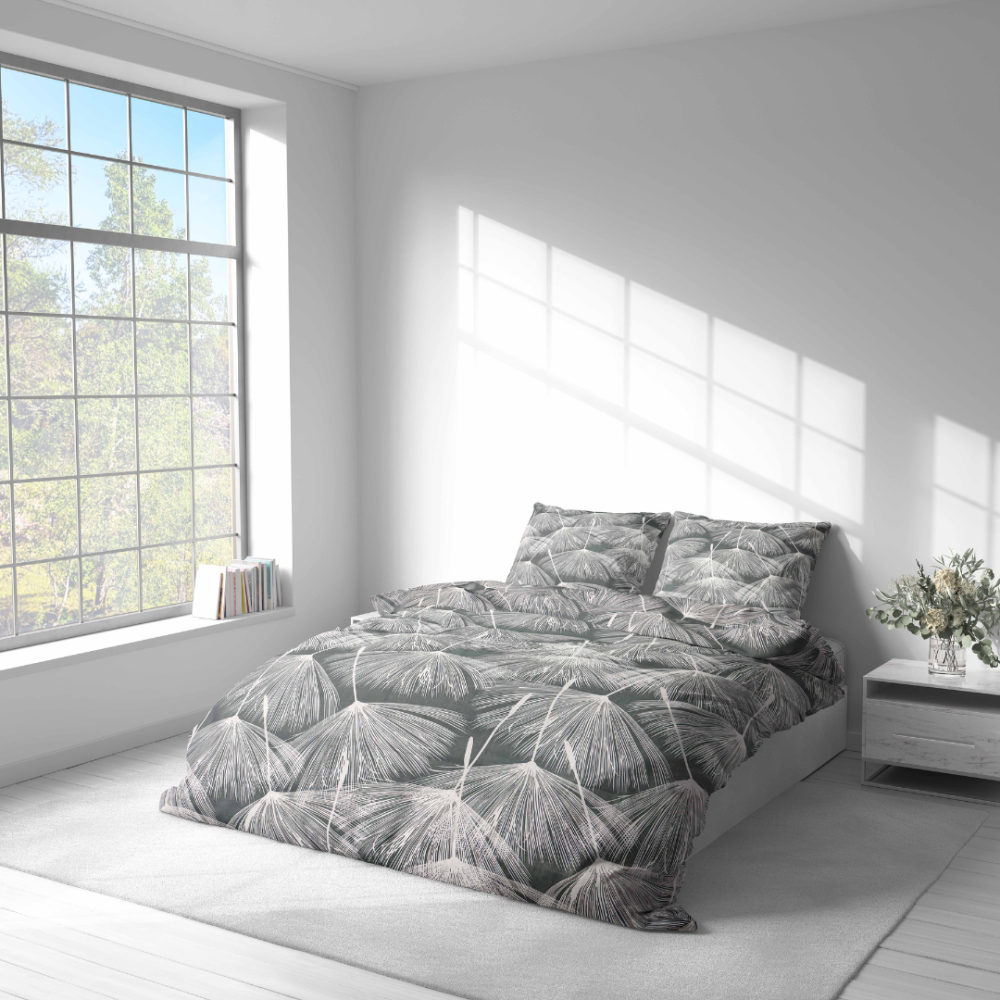Bedding Set „Umbral Plumes“. Bedding sets 155x200, 140x200 cm, 150x200 cm, 160x200 cm, 180x200 cm, 200x200 cm, 200x220 cm, 220x240 cm. Grey bedding set with graphic grass-stem design