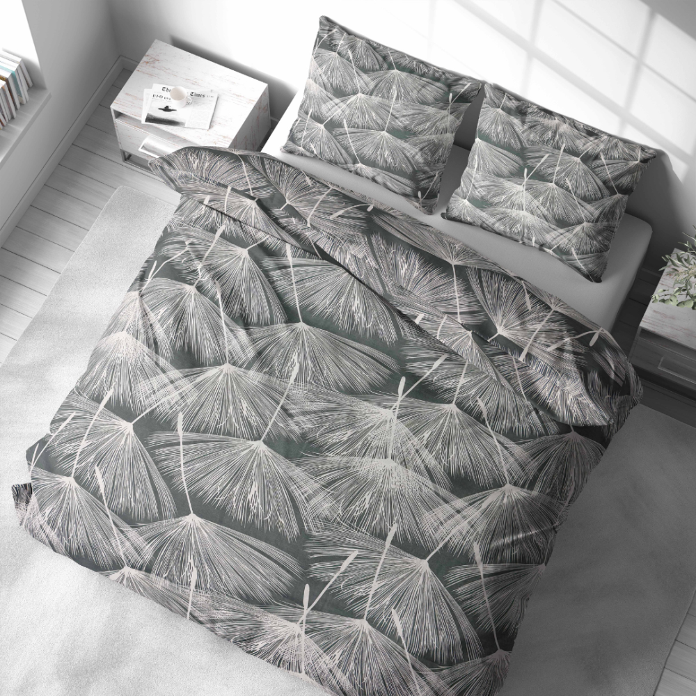Bedding Set „Umbral Plumes“. Bedding sets 155x200, 140x200 cm, 150x200 cm, 160x200 cm, 180x200 cm, 200x200 cm, 200x220 cm, 220x240 cm. Greenish-grey bedding set with unique botanical illustration
