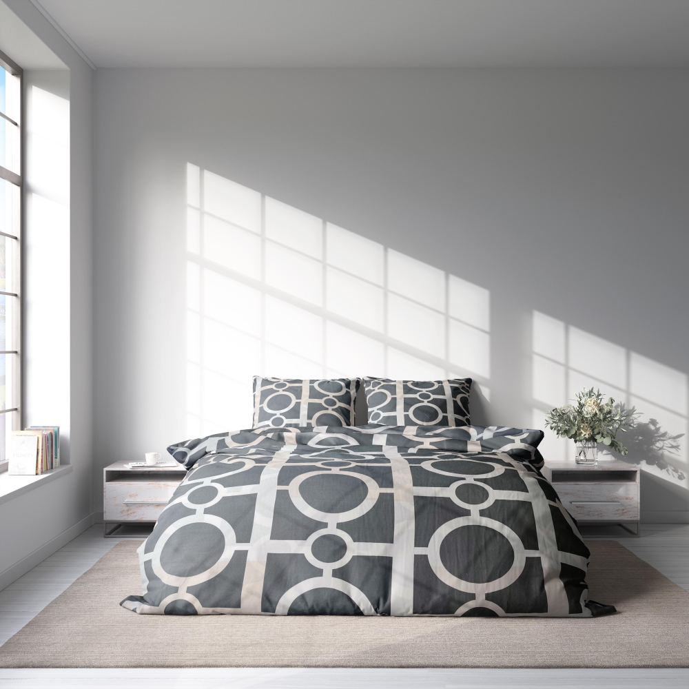 Bedding Set „Unified“. Microfiber bedding sets, 140x200 cm, 150x200 cm, 160x200 cm, 180x200 cm, 200x200 cm, 200x220 cm. Elegant bedding set in darker grey with merged white and brownish squares and circles.
