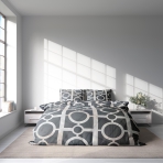 Bedding Set „Unified“. Microfiber bedding sets, 140x200 cm, 150x200 cm, 160x200 cm, 180x200 cm, 200x200 cm, 200x220 cm. Elegant bedding set in darker grey with merged white and brownish squares and circles.